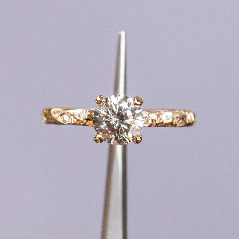0.90ct Round Grey Moissanite in 14k Yellow Gold Evergreen Solitaire with Scattered Embedded Diamonds