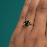 1.32ct Askew Emerald Cut Parti Sapphire and 0.31ct Round Sapphire Ring with asymmetrical diamonds in 18k Yellow Gold