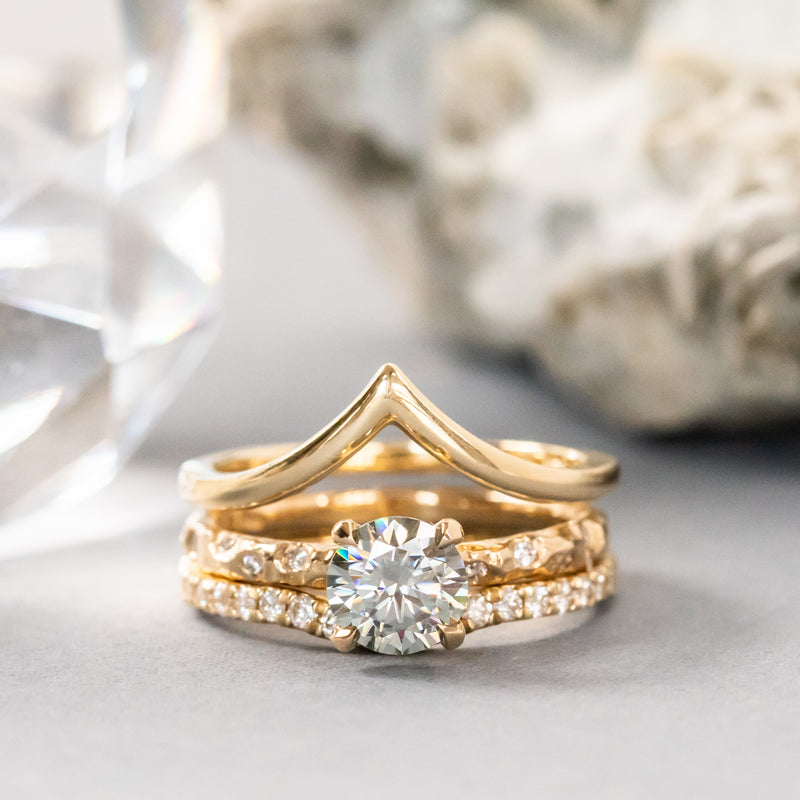 0.90ct Round Grey Moissanite in 14k Yellow Gold Evergreen Solitaire with Scattered Embedded Diamonds