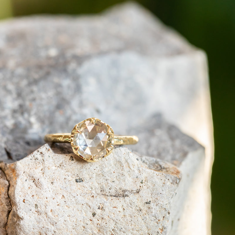 2.02ct Rosecut Champagne Diamond 6-Prong Low Profile Ring with Evergreen Carved Band in 18K Yellow Gold