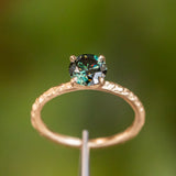 0.93ct Teal and Purple Moissanite Evergreen Carved Solitaire in 14k Yellow Gold