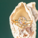 8.5mm Rosecut Moissanite 6-Prong Low Profile Ring with Carved Evergreen Band in 14K Yellow Gold