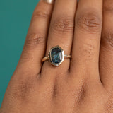 1.93ct Green Teal Geo Slice Sapphire Evergreen Low Profile Bezel Solitaire Ring in 14k Yellow Gold