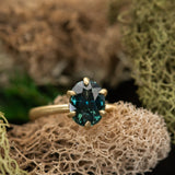 1.77ct Teal Oval Madagascar Sapphire Lotus Six Prong Solitaire in Satin 18k Yellow Gold