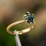 1.77ct Teal Oval Madagascar Sapphire Lotus Six Prong Solitaire in Satin 18k Yellow Gold