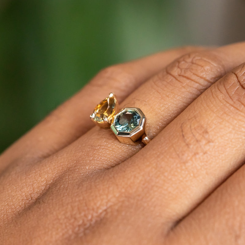 1.01CT PEAR SAPPHIRE AND 0.80CT OCTAGON SAPPHIRE LOW PROFILE RING IN 14K YELLOW GOLD