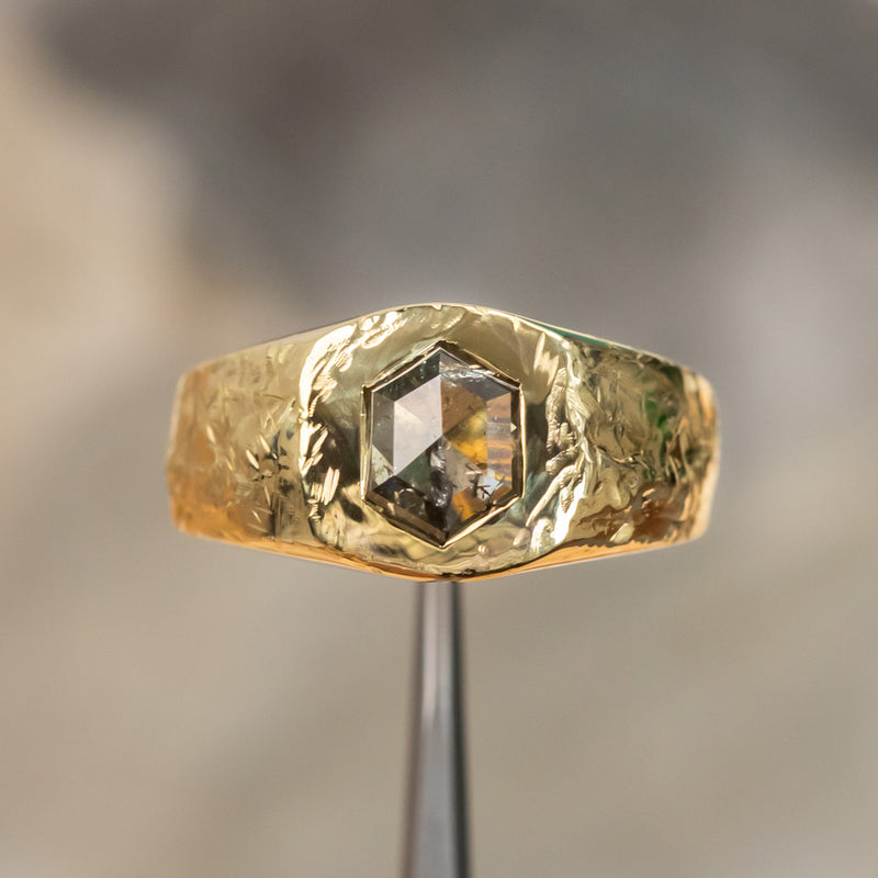 2.96ct Green Hexagon Rosecut Diamond Evergreen Signet in Hand Carved 18k Yellow Gold