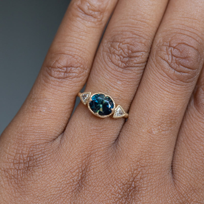 1.69ct Oval Nigerian Sapphire East-West and Trillion Diamond Three Stone Antique Milgrain Low Profile Ring in 18k Yellow Gold