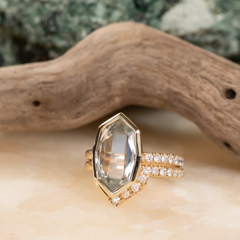 4.19ct Untreated Hexagon Portrait Cut "Seaglass" Colored Sapphire Bezel Set and Asymmetrical Diamond Ring with Curved Diamond Band In 18k Yellow Gold