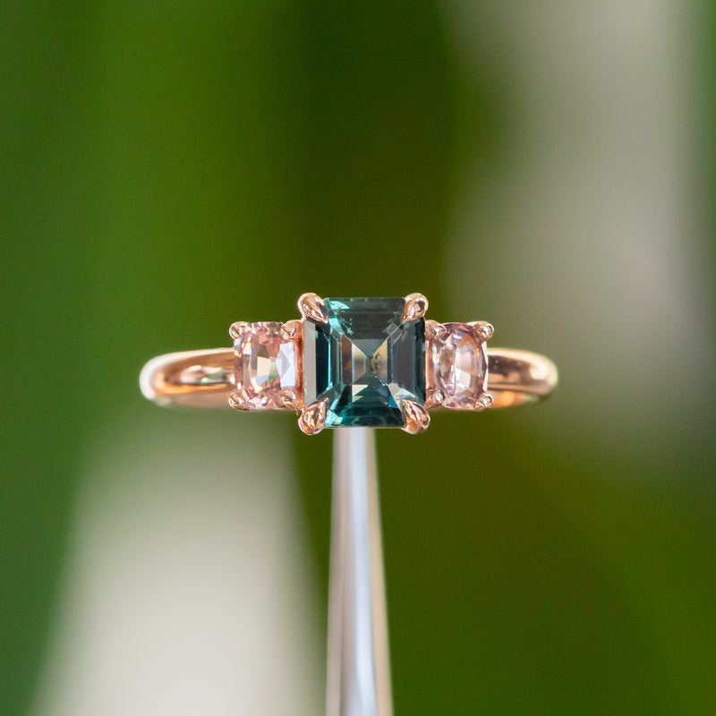 1.31ct Emerald cut sapphire and 0.47ct Pink Spinel Three Stone Ring in 14k Rose Gold
