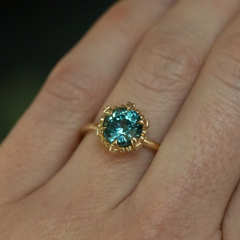 2.29ct Teal Montana Sapphire Scallop Cup Solitaire with Hidden Halo in 14k Yellow Gold