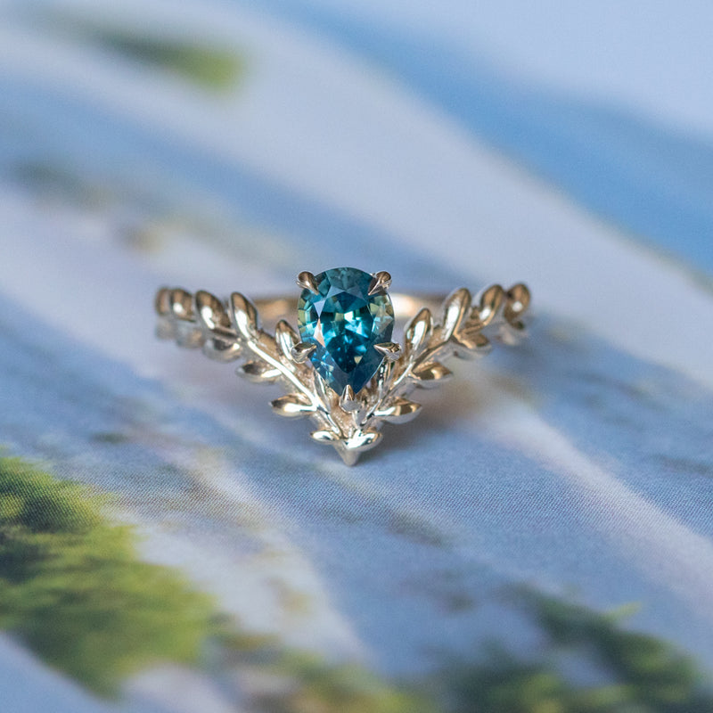 0.88ct Teal Blue Green Parti Pear Sapphire Pointed Vine Prong Set Ring in 14k yellow gold