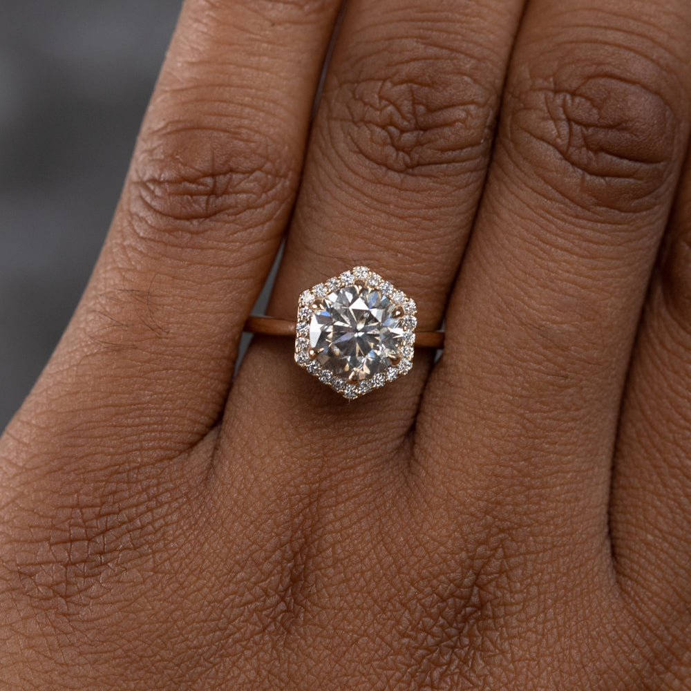 Round Grey and White Diamond Hexagon Halo Ring in 14k