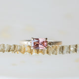 1.19ct East-West Radiant cut Pink Zircon and Champagne Diamond Low Profile Satin Flat Band Ring in 14k Yellow Gold