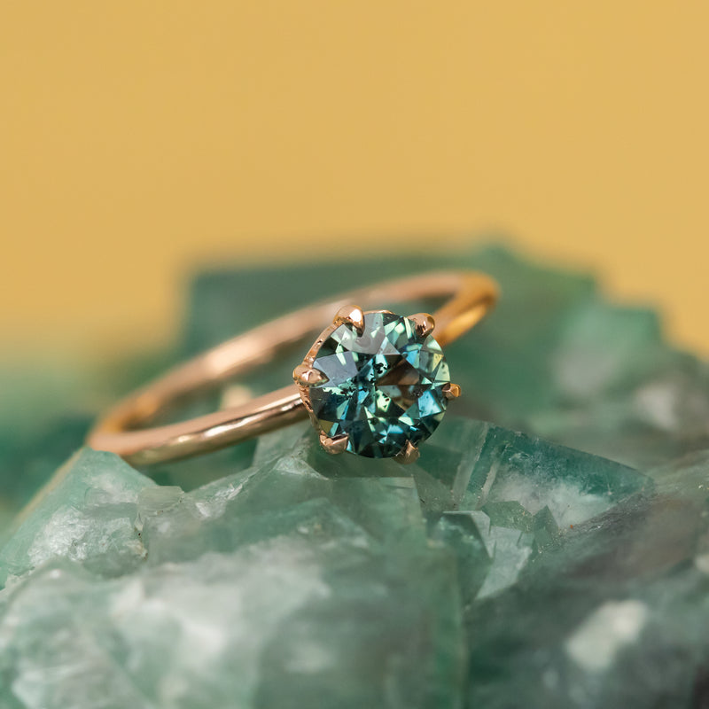 1.18ct Round Green Teal Madagascar Sapphire Lotus Six Prong Solitaire Ring in 18k Rose Gold