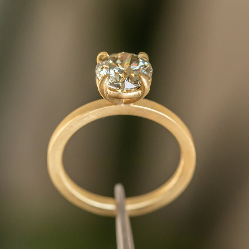 1.71ct Round Fancy Dark Green/Grey Diamond Flat Band 4 Prong Solitaire in 18k Yellow Gold