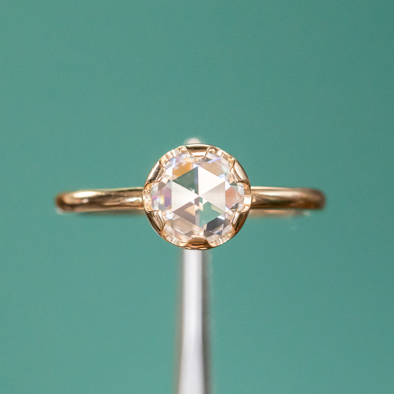 Antique style 6.5mm Round Rosecut Moissanite 6-Prong Low Profile Ring With Plain Rounded Band in 14K Yellow Gold