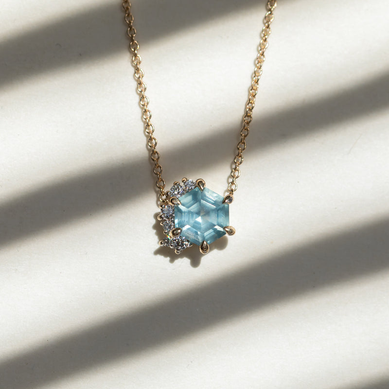 1.43ct Hexagon Sapphire and Diamond Cluster Necklace in 14k Yellow Gold