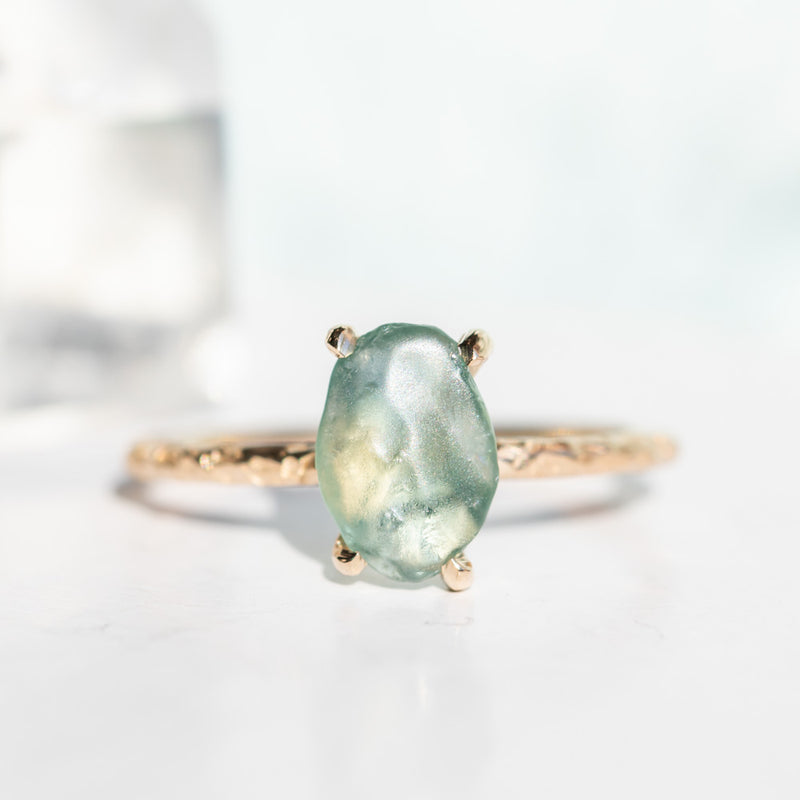 1.37ct Rough Montana Sapphire ring in Dainty 14k Yellow Gold Evergreen Setting