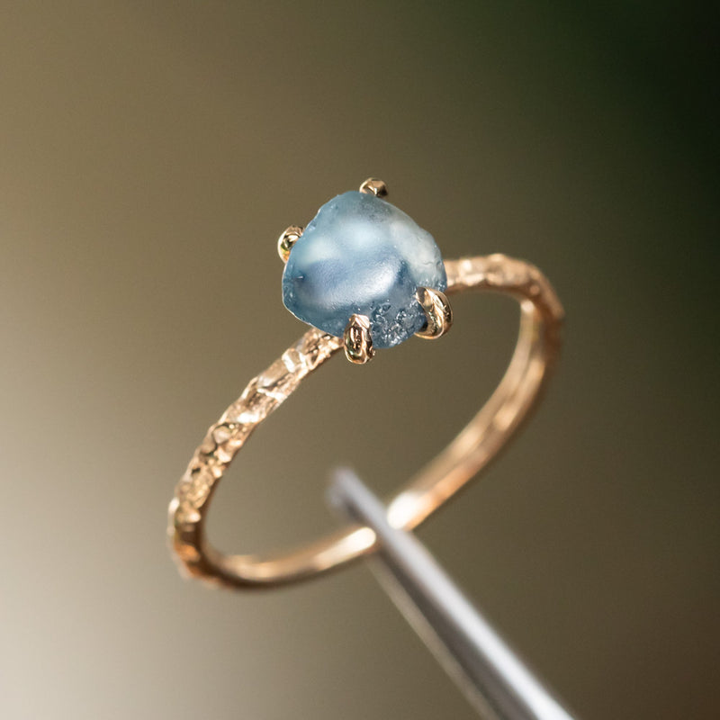 1.43ct Rough Montana Sapphire ring in Dainty 14k Yellow Gold Evergreen Setting