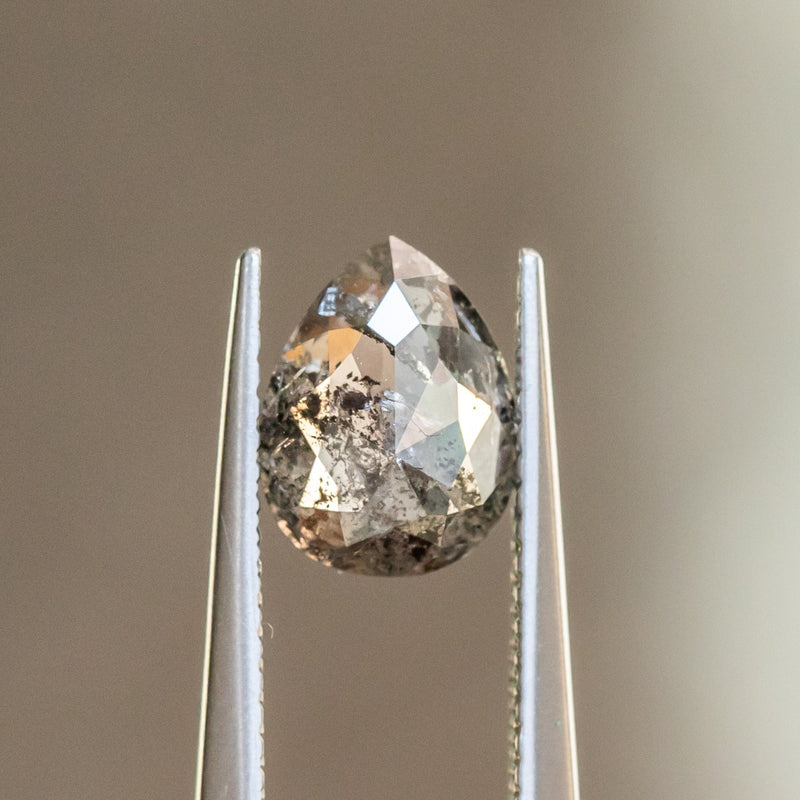 1.26CT ROSECUT PEAR SALT AND PEPPER DIAMOND, CLEAR WITH EARTHY ZEBRA STRIPE LIKE INCLUSIONS, 9.20X8.86X2.34MM