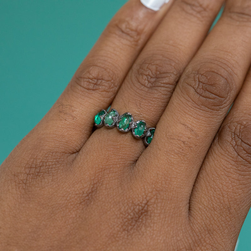 8-stone Antiqued Zambian Emerald Ring in blackened 14k White Gold