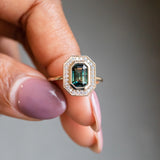 2.05ct Emerald cut Sapphire With Bezel Set Diamond Halo In 14k Yellow Gold