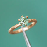 0.91ct Round Green Moissanite Evergreen Six Prong Solitaire in Satin 14k Yellow Gold