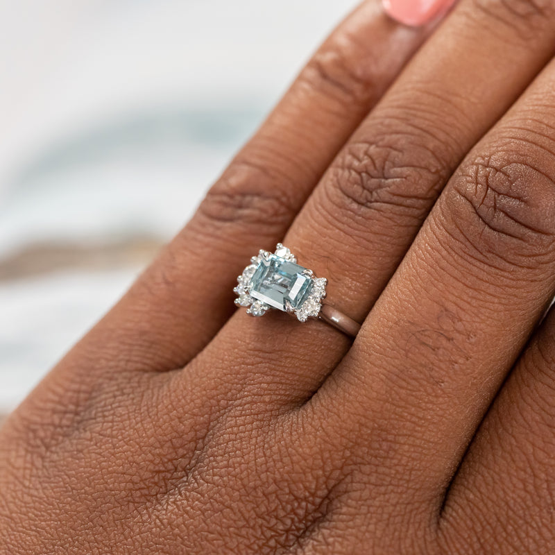 1.80ct Emerald Cut Denim Blue Sapphire and Asymmetrical Diamond Cluster Ring in Platinum