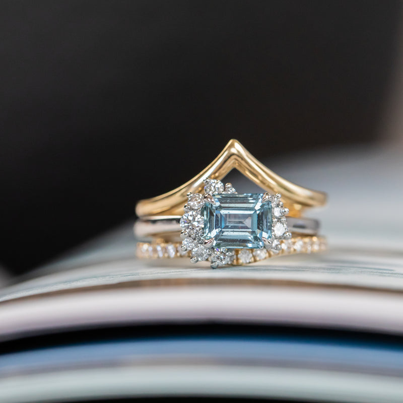 1.80ct Emerald Cut Denim Blue Sapphire and Asymmetrical Diamond Cluster Ring in Platinum