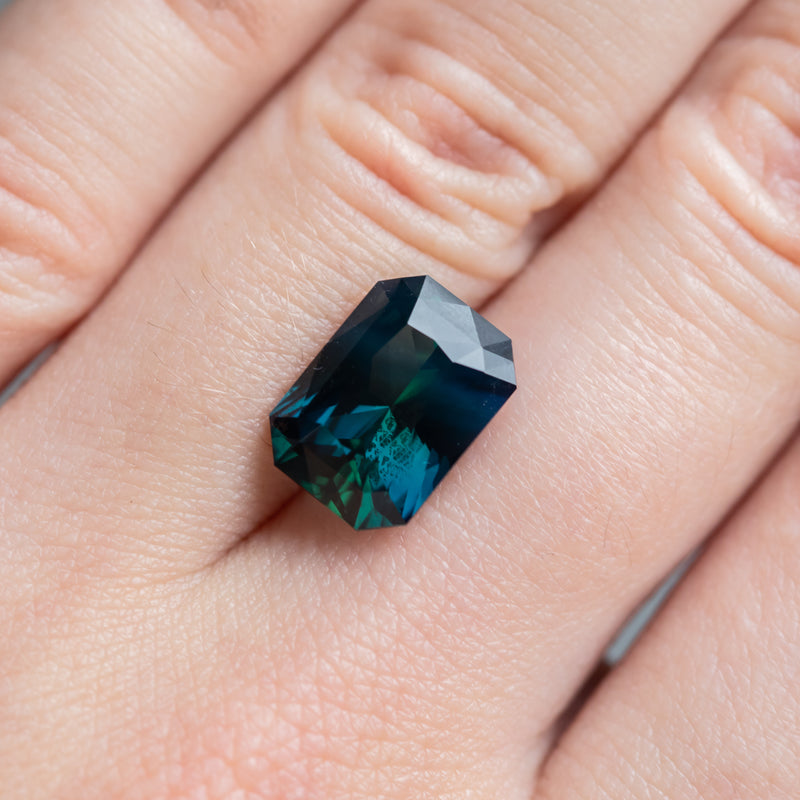 6.12CT MADAGASCAR RADIANT SAPPHIRE, DEEP GREEN TEAL, 11.93X8.61X6.21MM