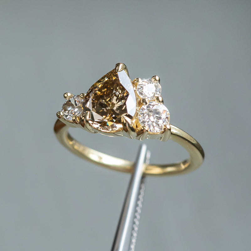 1.47ct Pear Champagne Diamond Low Profile Antique Diamond Cluster Ring in 18K Yellow Gold