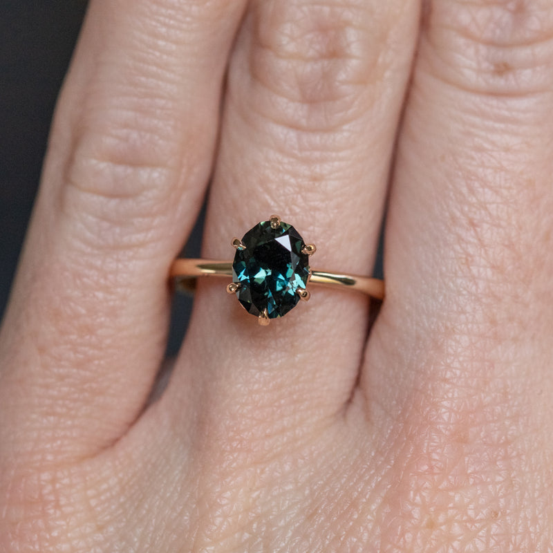 1.68ct Oval Deep Teal Blue Green Kenyan Sapphire Lotus Six Prong Solitaire in 14k Yellow Gold