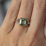 1.90ct Seafoam Emerald Cut Montana Sapphire and White Sapphire Three Stone Ring in 14k Yellow Gold