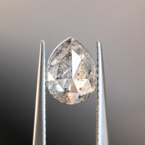 1.70CT ROSECUT PEAR SALT AND PEPPER DIAMOND, GLITTERY RAINBOW SHINE WITH SPECKLE INCLUSIONS, 8.63X6.85X3.01MM
