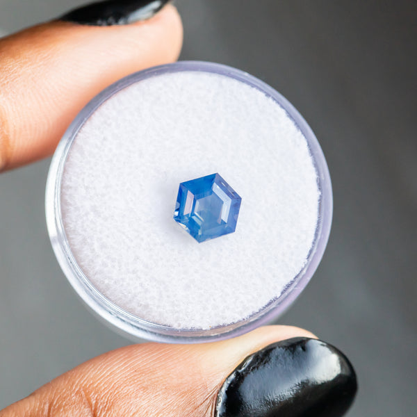 1.53CT HEXAGON AFRICAN SAPPHIRE, SILKY OPALESCENT PERIWINKLE BLUE, 7.40X7.56X4.03MM.