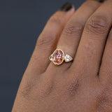 2.85ct Dusty Rose and Champagne Zircon Three Stone Antique Milgrain Low Profile Ring in 14k Yellow Gold on the hand