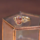 2.85ct Dusty Rose and Champagne Zircon Three Stone Antique Milgrain Low Profile Ring in 14k Yellow Gold