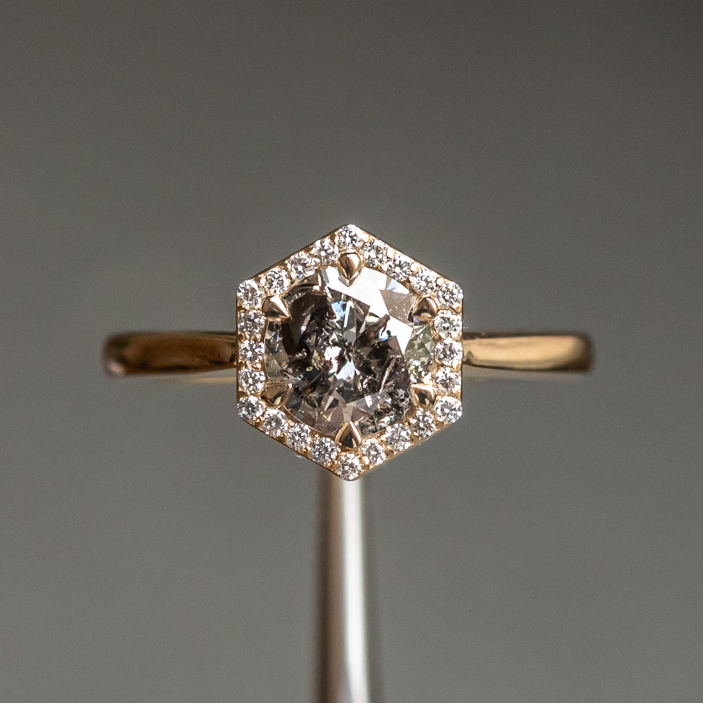 1.13ct Salt and Pepper and White Diamond Hexagon Halo Ring 1.13ct Salt and Pepper and White Diamond Hexagon Halo Ring