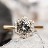 1.13ct Salt and Pepper and White Diamond Hexagon Halo Ring in 14k Yellow Gold