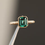 3.05ct Emerald Cut Color Shifting Teal Blue Green Sapphire Low Profile Bezel with French Set Diamonds 18k Yellow