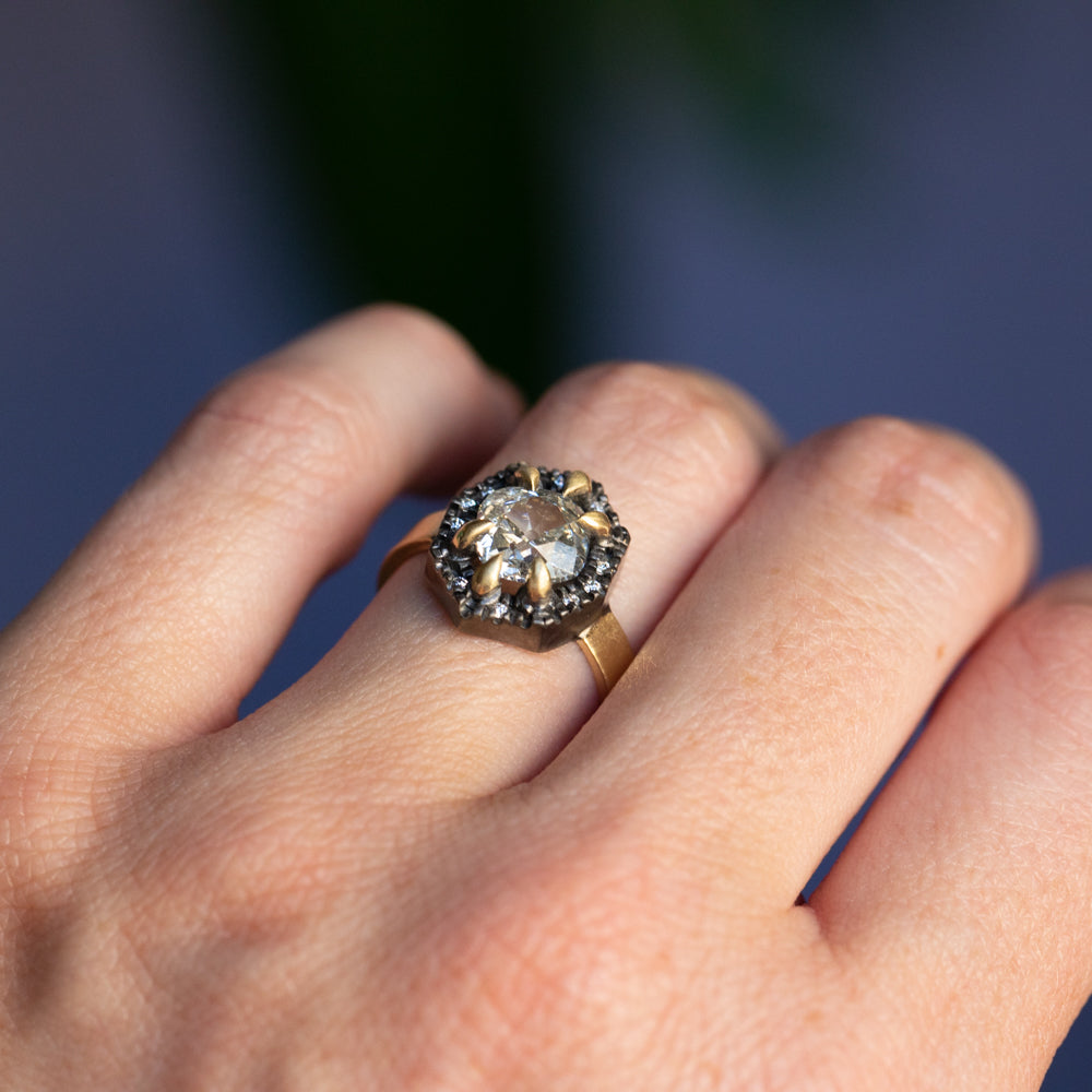 1.72ct Antique Old Mine Cut Diamond and Blackened Halo Antique Style r Anueva Jewelry