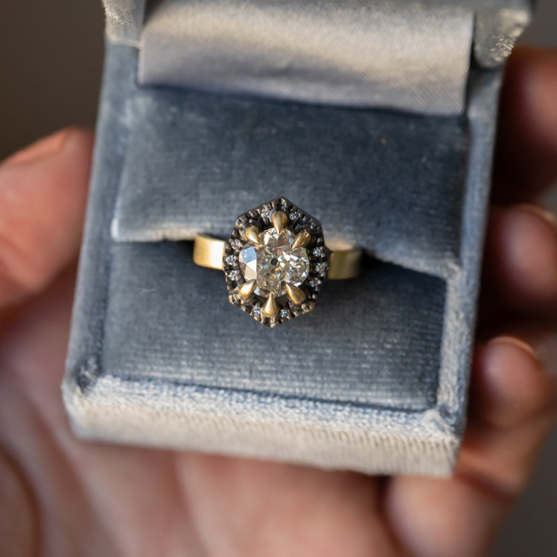 1.72ct Antique Old Mine Cut Diamond and Blackened Halo Antique Style ring in 18k Yellow Gold