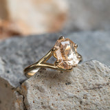 3.52ct Radiant Cut Peach Sapphire Six Prong Split Shank Solitaire in 14k Yellow Gold
