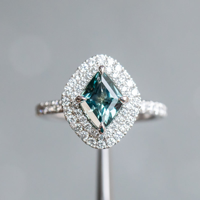 1.54ct Teal Kite Madagascar Sapphire and Double Diamond Halo in Platinum