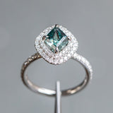 1.54ct Teal Kite Madagascar Sapphire and Double Diamond Halo in Platinum