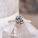 1.63ct Round Salt & Pepper Diamond Double Claw Prong Solitaire with French Diamonds in 14k Yellow Gold