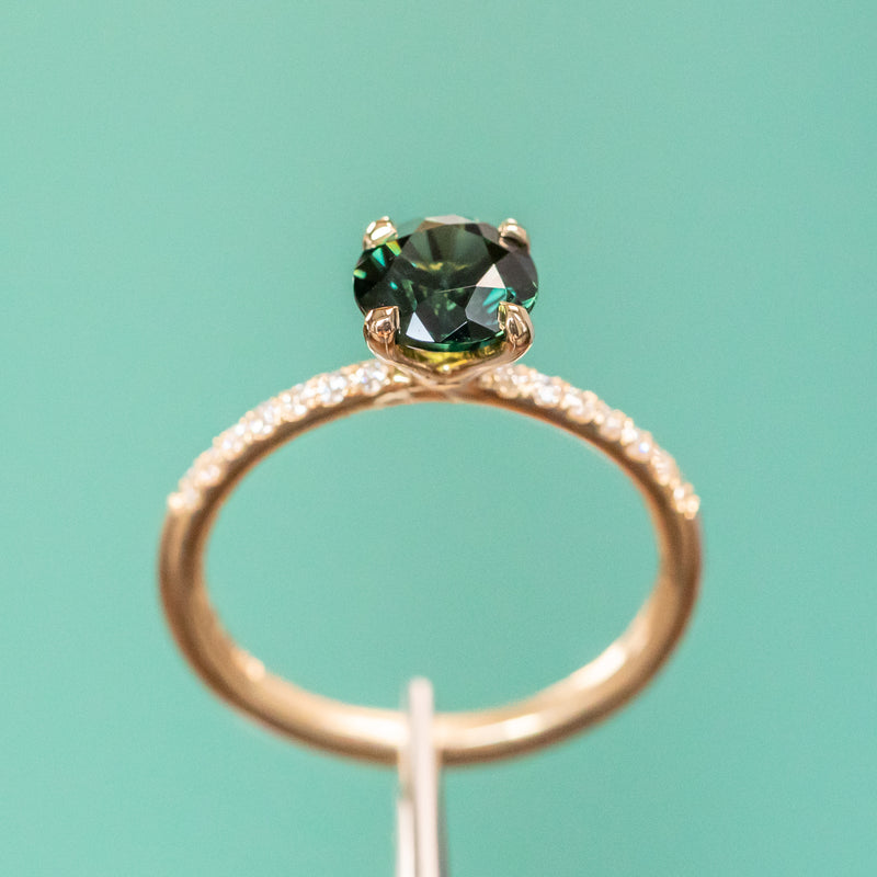 1.39ct Round Teal Green Nigerian Sapphire and French Set Diamond Solitaire in 14k Yellow Gold