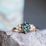 2.63ct Color Shifting Step Cut Hexasgon Sapphire and Champagne Diamond Cluster Ring in 14k Yellow Gold