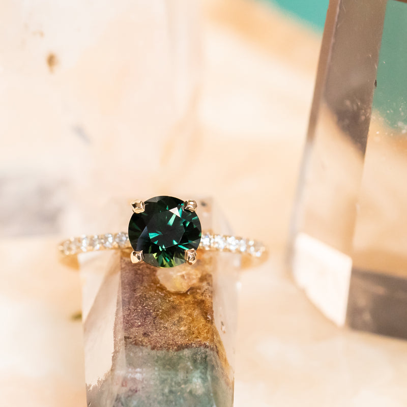 1.39ct Round Teal Green Nigerian Sapphire and French Set Diamond Solitaire in 14k Yellow Gold
